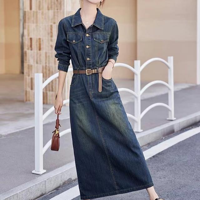TEMU 레트로 롱 슬리브 데님 드레스 여성용 2025 봄 가을 신상 허리 슬림 템퍼먼트 폭발적인 롱 스커트