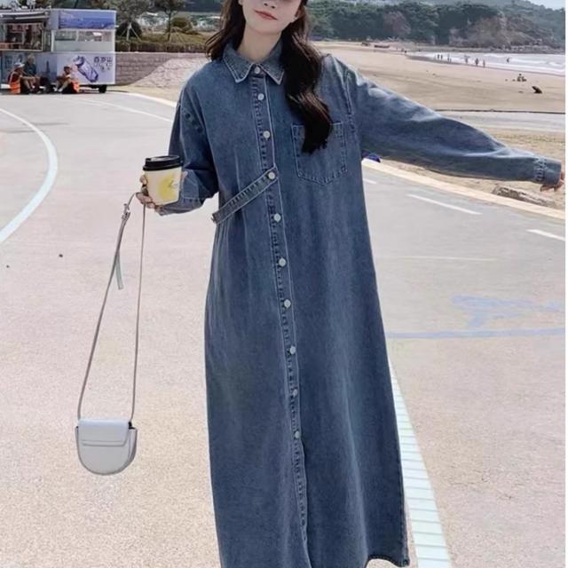 TEMU 가을 신상 레트로 스타일 긴팔 데님 드레스, 루즈핏 슬림 캐주얼 스커트 셔츠