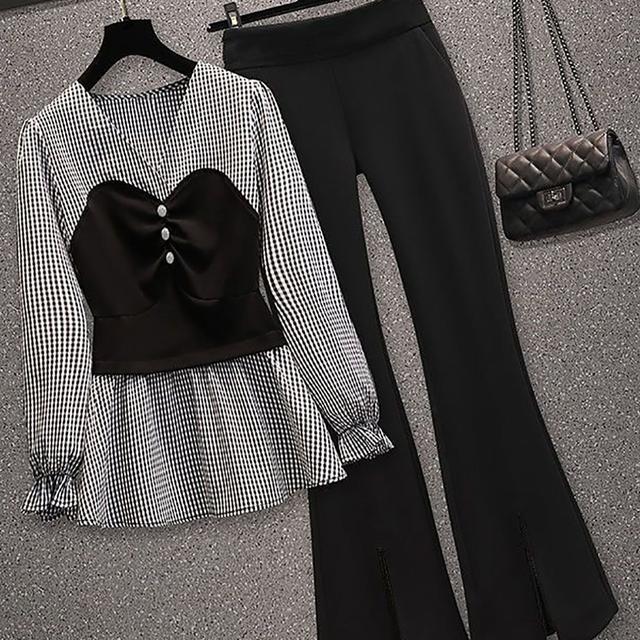 TEMU 여성 봄가을 캐주얼 패션 편안한 상의 바지 세트 데일리 심플 긴팔 브이넥 프릴 셔츠 상의 트임 와이드 팬츠 투피스 세트 슬림소녀 SLIM GIRL