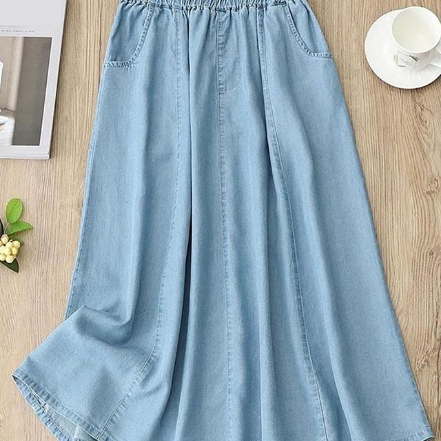 TEMU 여성 여름 쿨링 데일리 하이웨스트 루즈핏 미디 데님 스커트 얇은 패션 밴딩 A라인 청치마 슬림소녀 SLIM GIRL