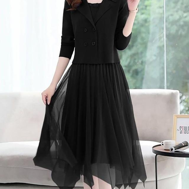 TEMU 여성 봄가을 패션 우아하고 오피스 니트 망사 날씬해 보이는 원피스 투피스 캐주얼 편안한 긴팔 버튼 상의 언밸런스 미디 스커트 세트 슬림소녀 SLIM GIRL