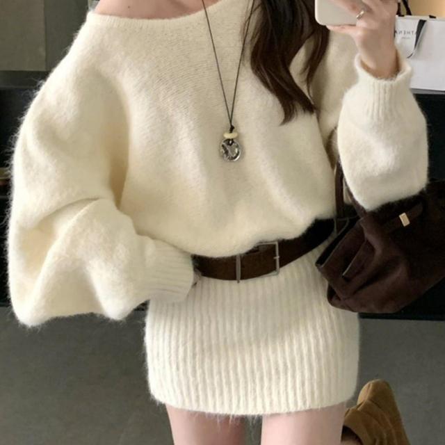 TEMU 2025 신상 한국식 원숄더 긴팔 드레스 여성용 가을 겨울 내의 스웨터 힙스커트