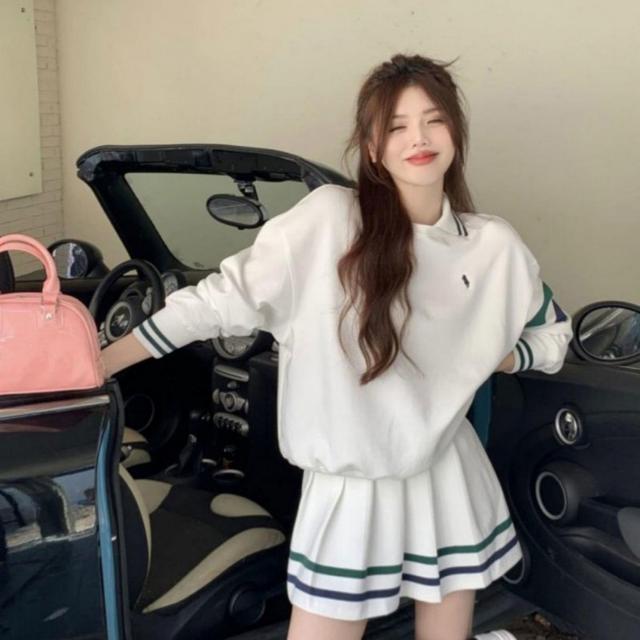 TEMU 여성 골프 트레이닝 맨투맨+미니스커트 투피스 상하세트 봄가을 긴팔 폴로넥 맨투맨티 플리츠 스커트 주름 치마 코디세트#여성 골프 트레이닝 투피스 세트 (맨투맨 + 플리츠 미니스커트) / 폴로넥 긴팔 / 봄가을 간절기 / 골프웨어 테니스룩 / 꾸안꾸 캐주얼 상하세트