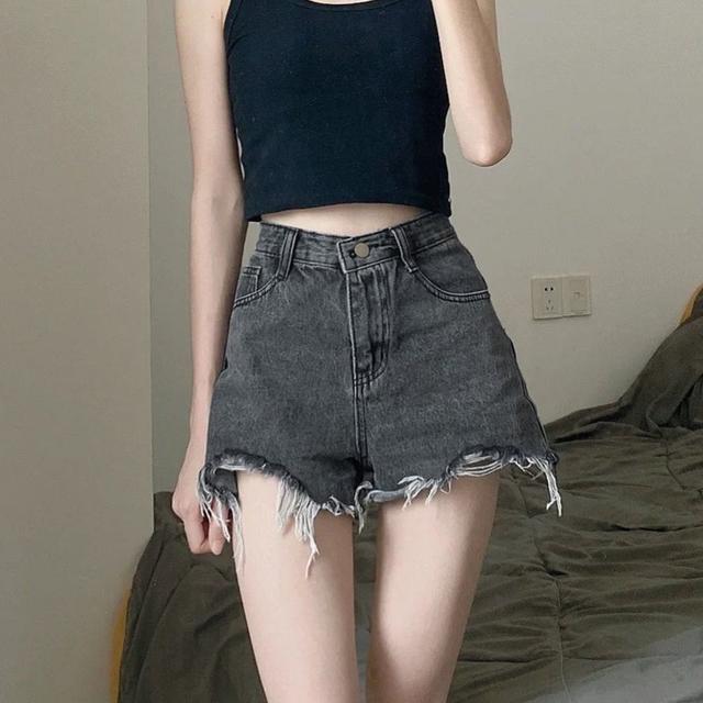 TEMU 여성 봄 여름 데일리 캐주얼 패션 퍼 트리밍 하이웨스트 포켓 언밸런스 얇은 지퍼 디스트로이드 a라인 데님 반바지