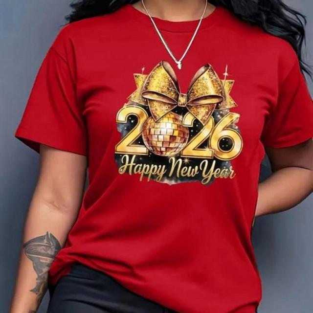 TEMU Camiseta de Algodão Feminina Estampada Com Design Elegante Para o Ano Novo 2026 Happy New Year - Tecido e para Festas - Lavável à Máquina - Presente Ideal, Design Festivo, Perfeito.