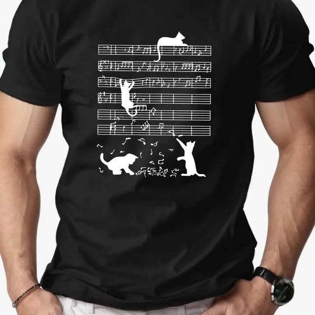 TEMU Camiseta Masculina com Estampa de Gatinho e Musicais - Redonda de Algodão Casual, Manga , Camiseta de Verão com Ilustrações Divertidas de Gatos, Camiseta de Gato