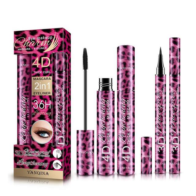 TEMU Leopard Makeup Set Black Mascara + Eyeliner Pen Waterproof 4d Fiber Mascaras