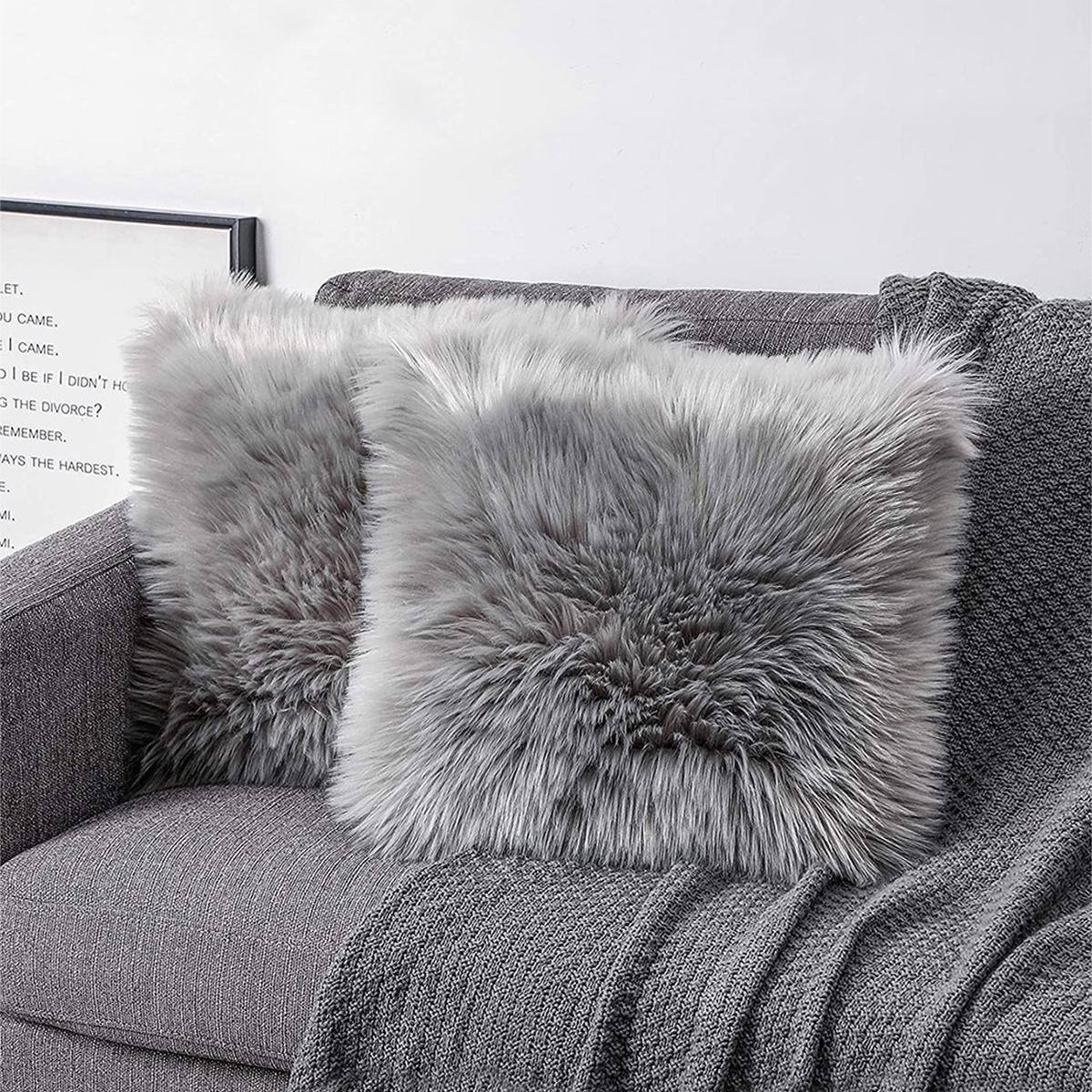 TEMU 1 Gray Square Faux Fur Pillowcase, Home Daily Use Long-pile Decorative Pillowcase
