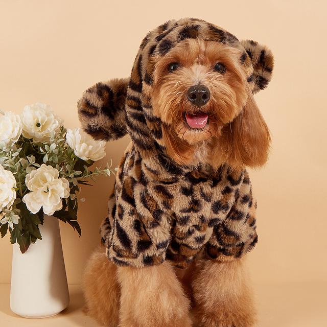 TEMU Cozy Winter Plush Leopard Print Pet Sweater For Small/medium - 100% Polyester Knit Pullover With Hood, Warm Soft Coat For Cold Weather