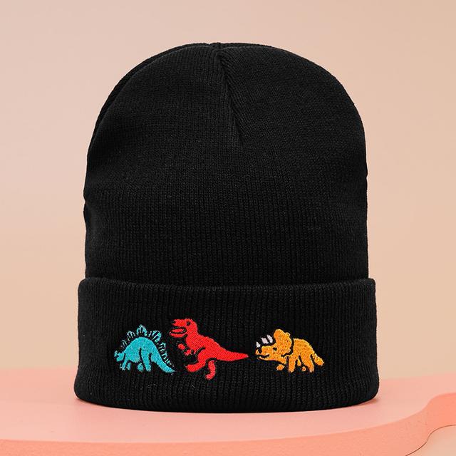 TEMU Dinosaur Embroidery Graphic Beanie Hat Solid Color Cartoon Skull Cap Warm Winter Knit Hats For Women Men