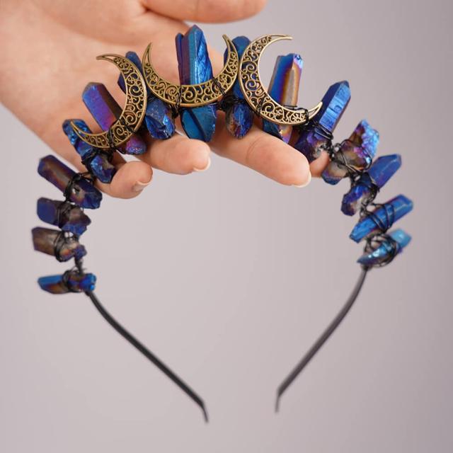 TEMU para el cabello de 1 pieza con corona de wicca y luna de cristal electrochapada en azul