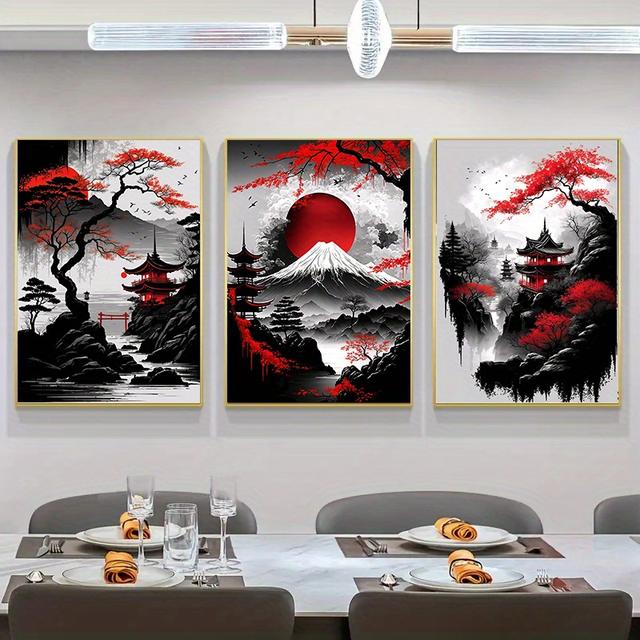 TEMU 3pcs Frameless Japanese Natural Landscape Canvas Painting Black And Red Posters Vintage Ink Art Wall Art Prints For Living Room Bedroom Home Decor No Frame