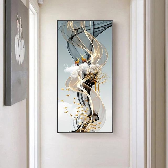 TEMU 1 Stück, rahmenlose moderne nordische Art-Band-goldener Hirsch-Baum-Luxus-Wohnzimmer-dekorative Gemälde, Leinwand-Poster-Druck, einfache Wandkunst-Bilder ohne Rahmen