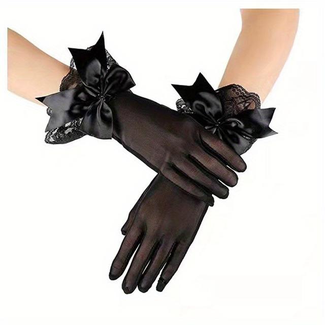 TEMU Bow Decor Guantes De Encaje Negro Vintage Elegantes Guantes Cortos Para Mujeres Accesorios De Guantes De Vestir De Novia