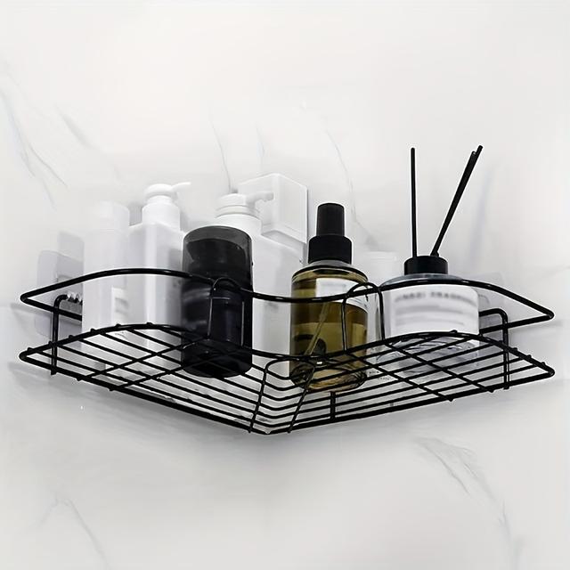 TEMU 1pc Sleek Black Stainless Steel Corner Shelf - Space-saving, No-drill Wall-mounted Storage Rack With 2 Tiers For Shampoo, Skincare Products & More - Organizing