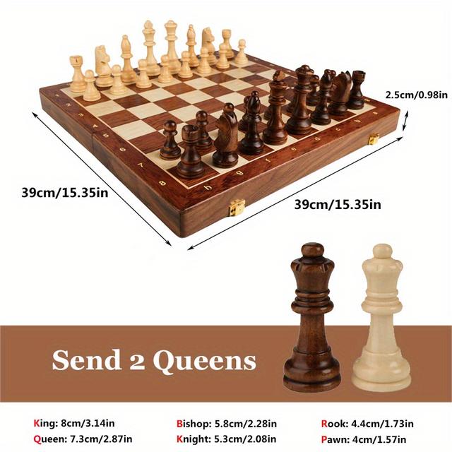 TEMU 38.1cm X 38.1cm/15" X 15" Chess Solid Wood Large Premium Folding Set, Chess Pieces Solid Wood, Checkerboard Walnut, Internal Storage Box, 2 Extra Queens Free