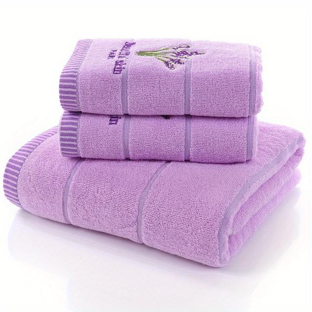 TEMU 3pcs Lavender Pattern Towels Set, Including Bath Towel 27.56*55.12in, 2 Face Towels 13.39*29.13in, Bathroom Comfortable Soft Fabric Towels, Bathroom Supplies