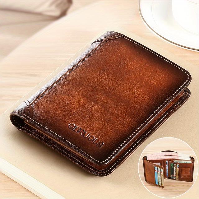TEMU 's Genuine Leather Rfid Blocking Wallet - Ultra-thin Foldable Design, Featuring 2 Id Card Slots, Large Capacity For Cash And Cards, Gold-tone Hardware, And Anti-theft Design.
