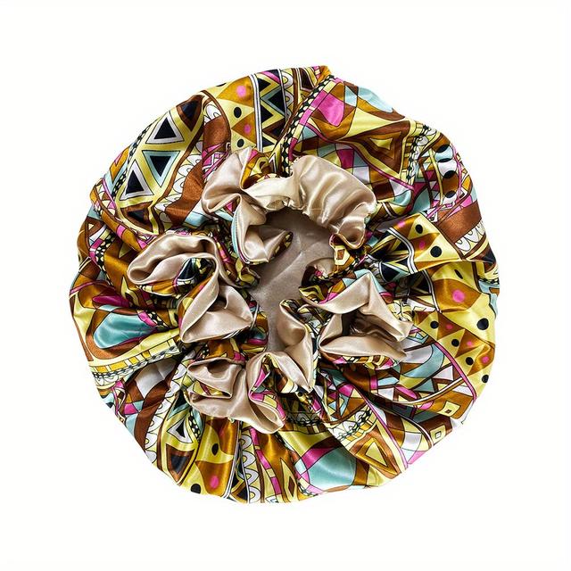 TEMU قبعة ساتان نسائية مزدوجة الطبقات - قبعة نوم كبيرة للسيدات مع طباعة - غطاء رأس