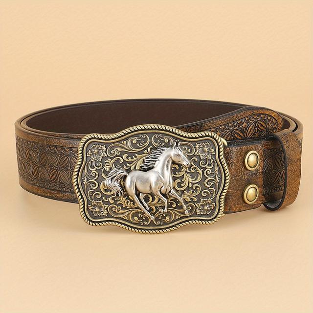 TEMU Western Cowboy Retro Pu Belt - Stylish Casual Business Men's Embossed Leather Strap