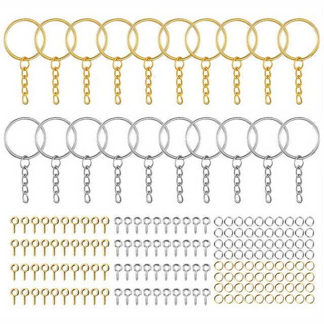 TEMU 220pcs Key Ring Set 20 Keyrings Chain Link Metal Key Ring Hoops Jump Rings + 100 Pins 24mm Split Key Ring For Diy Keyring Crafts Jewelry, Golden+silvery