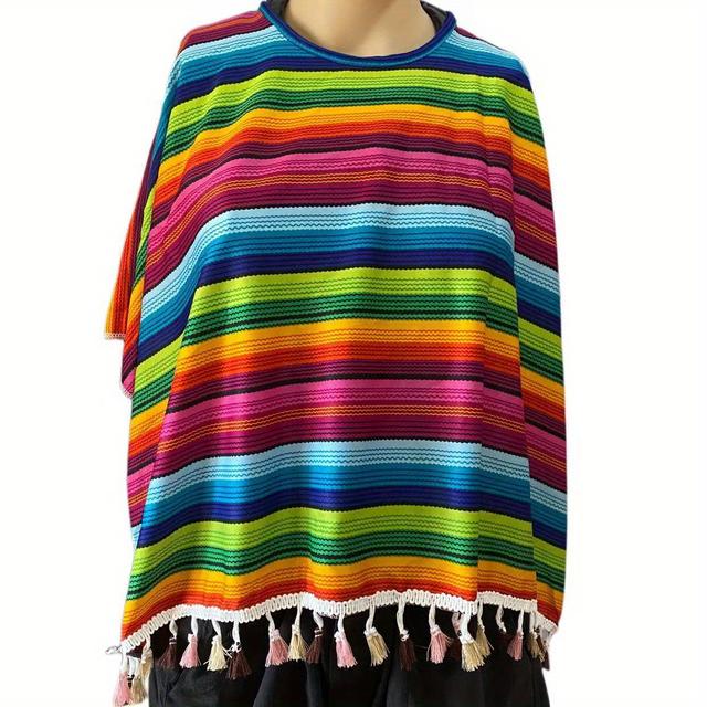 TEMU Mexican Poncho Shawl - Traditional Ethnic Rainbow Stripes With Fringe Detailing, Loose Fit Hand Wash Halloween Cosplay, Stage Performances & Cultural Events, Mexican Theme Party Clothes