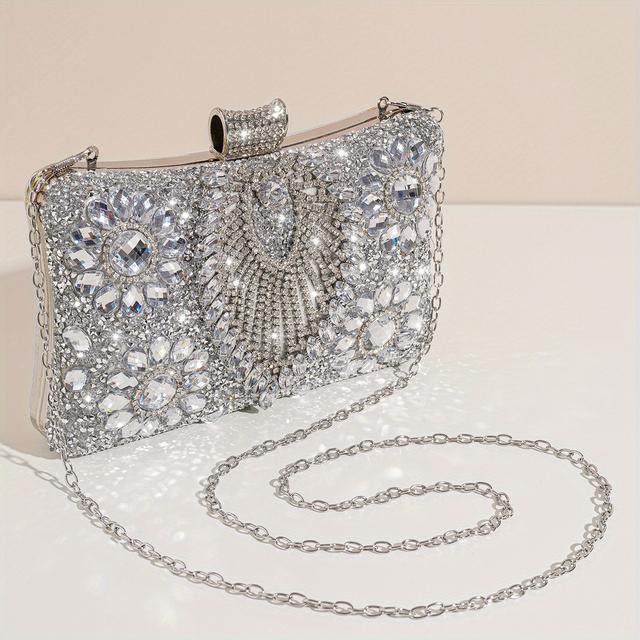 TEMU Elegant Silvery Rhinestone Clutch, Women's Evening Party Handbag With Removable Strap, Crystal Beaded Bridal Wedding Purse, Closure, Polyester Lined