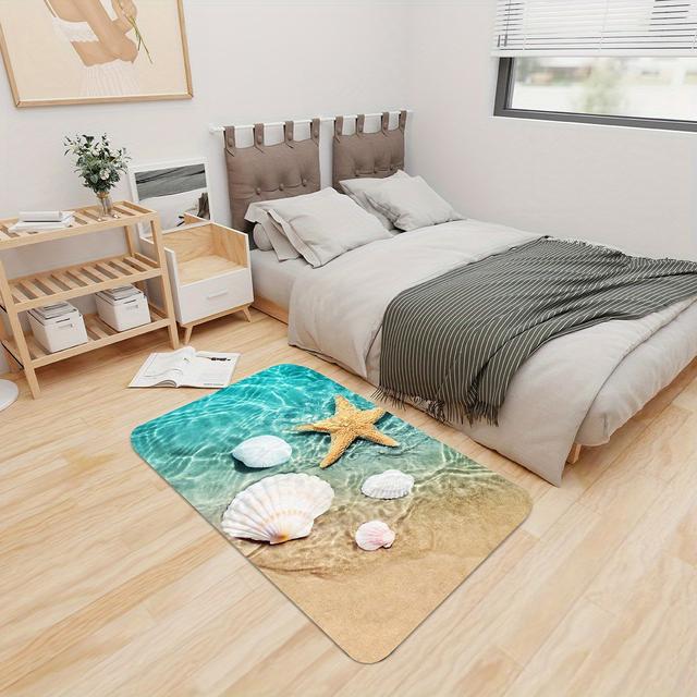 TEMU 1pc Non Slip Bath Rugs Sponge Foam Rug, Durable Flannel Mat Bright 3d Print Rug, Seashell Print Mats For Laundry Room And Kitchen, Beach Starfish Scallop Decor Carpet