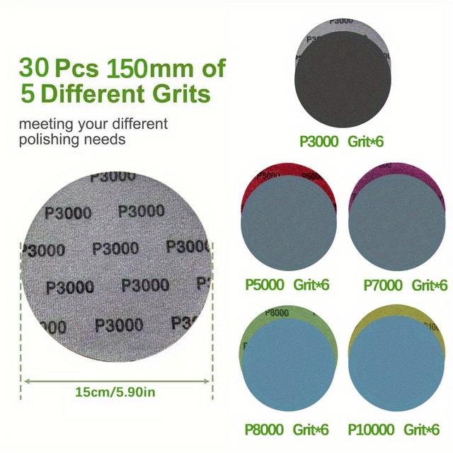 TEMU 150mm Klettverschluss-Schleifscheibe, 30 -/Trockenschleifpads, 3000/5000/7000/8000/10000 Körnung, 6- Siliziumkarbid--Schleifpapier, zur Polierung von Automobil-Metallspiegelschmuck