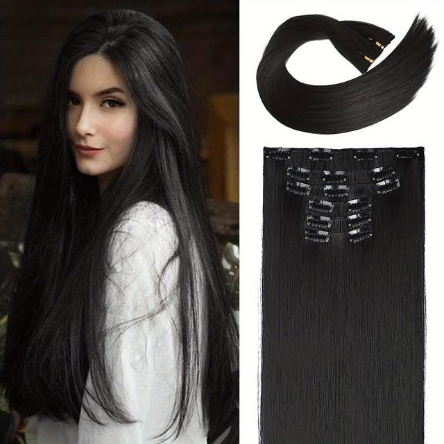 TEMU 6pcs Clip In Long Straight Synthetic Hair Extension 24 Inch Thick Hairpieces Synthetic Fiber Double Weft Hair Extensions For Women
