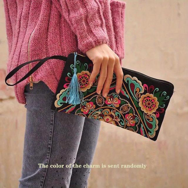 TEMU Bohemian Embroidered Polyester Clutch With Tassel, Women's Retro Ethnic Flower Handbag, Foldable Zipper Closure With Fixed Shoulder Straps, Occasion Theme Wristlet Coin Purse