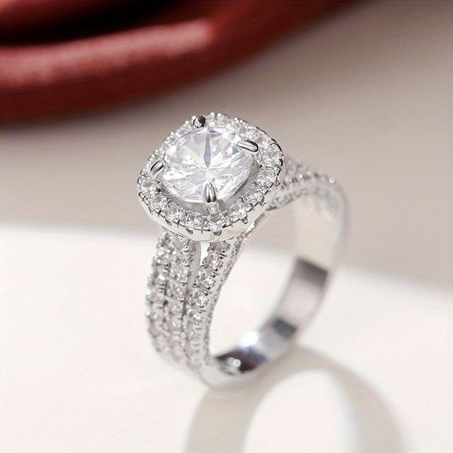 TEMU READKISS 4 Prong Setting 1.5 Ct Synthetic Zirconia Side Micro Pave 3 Row Rings, Plated White K Copper, للنساء, عيد الحب, الزفاف, حفلة غير رسمية, مناسبة يوميًا, حجر ميلاد أبريل, جميع
