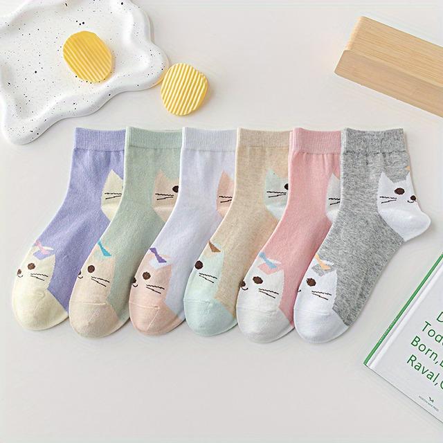 TEMU 6 Pairs Of Stylish Mid-calf Socks For Women Featuring A Cute Cat Face, Suitable For Spring And Summer