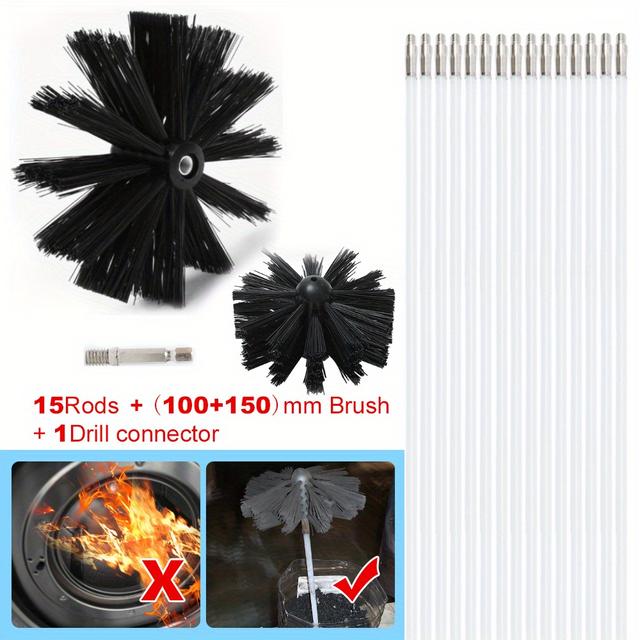 TEMU 1pc 입자로 구성된 화로 청소 브러시, 100/150mm 브러시, 굴뚝 브러시, 건조기 배기구 청소 키트, 유연한 막대, 최대 2.38m/7.6FEET-5.89m/19.34FEET, 가을 겨울 필수 벽난로 액세서리 청소 도구