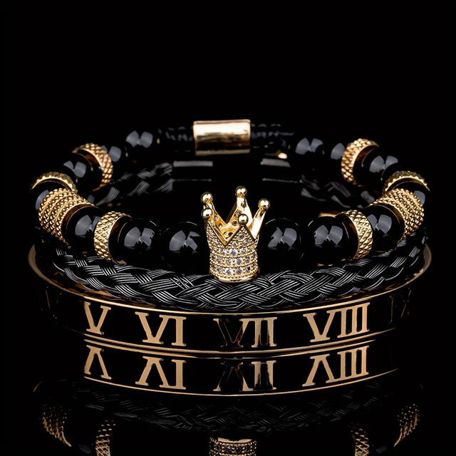 TEMU Aiduomirzer Men's Adjustable Bracelet With Roman Crown Charm, Stainless Steel & Eye, Black Plated, Synthetic Zirconia, , Ideal For & Gifting, Valentine's, Christmas, Father's Day