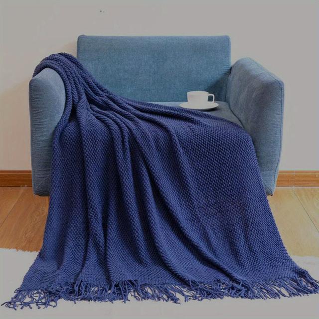 TEMU 1pc Cozy Morandi Blue Throw Blanket With Tassels, Polyester, 100g - Couch Or Bed, Machine Washable
