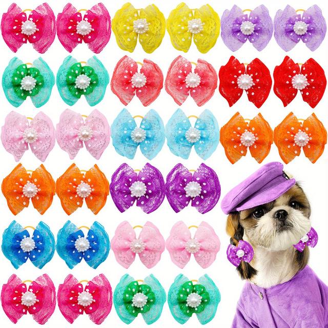 TEMU 20pcs Lazos para Pelo de Mascotas de Encaje Coloridos Surtidos con Detalles de Perlas, Diseño de Lunares de Doble Capa para Perros Pequeños y Gatos - Accesorios de Aseo Vibrantes