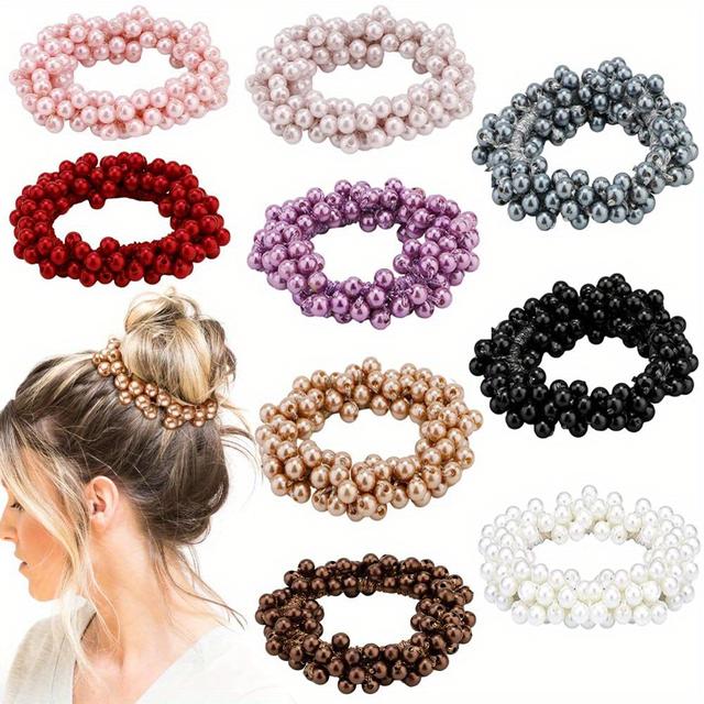 TEMU 9pcs Women's Temperament Pearl Hair Ring Elastic Headband Beaded Decorative Head Rope 9 Colors