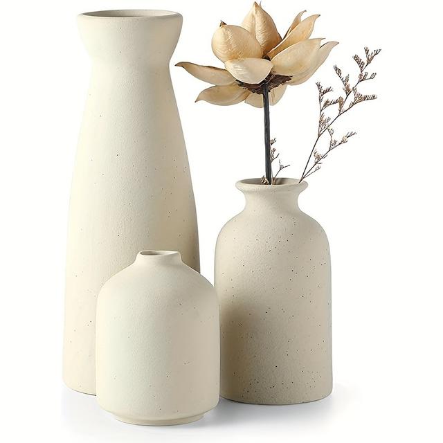 TEMU 3pcs Bohemian Ceramic Vase Set - Matte , Geometric & Floral Designs For Decor | Ideal For Living Room, Entryway, Bookshelf, Cabinet, Tv Stand Display, Vases Home Decor