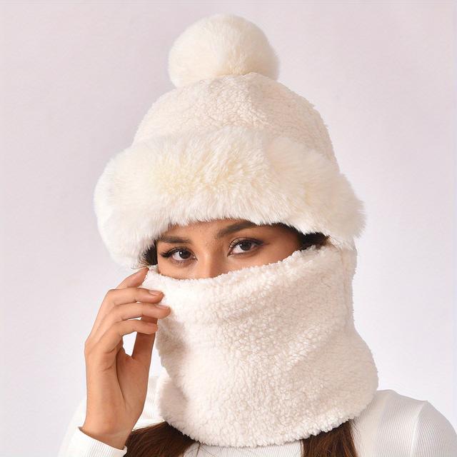 TEMU Winter Fleece Ski Mask Solid Warm Balaclava Outdoor Windproof Cycling Beanies Hat Coldproof Hooded Neck Gaiter Ski Hats