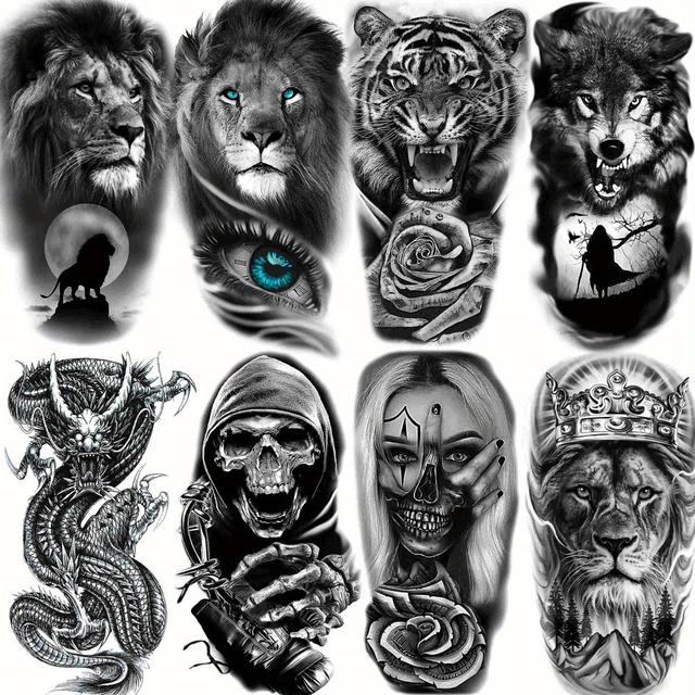 TEMU 8pcs Tribal-inspired Temporary Tattoos For - Wolf, Lion, Tiger Designs With , Snake & Compass - Halloween & Everyday , Halloween Accessories| Expression Tattoos| Tattoo Stickers