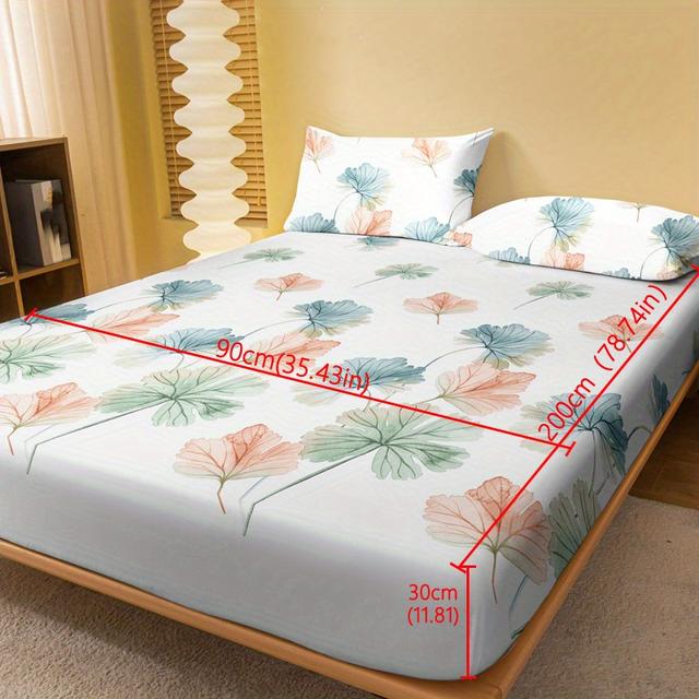 TEMU A Printed Flannel Fitted Sheet With Leaf Patterns For The Bedroom,