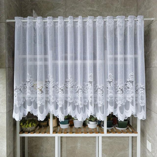TEMU 1pc White Floral Embroidery Lace Curtain Rod Pocket Tulle Short Valance For Kitchen Bathroom Small Window Cabinet Covering Dustproof Half Curtain Kitchen Home Decor