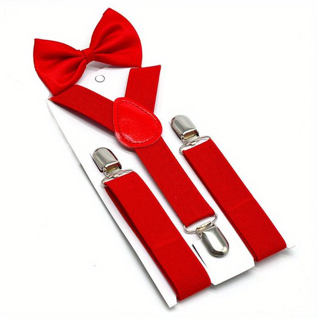TEMU Boys And Girls Universal Solid Color 3-clip Suspenders And Bow Tie Set 's Suspenders + Bow Tie Two-piece Set