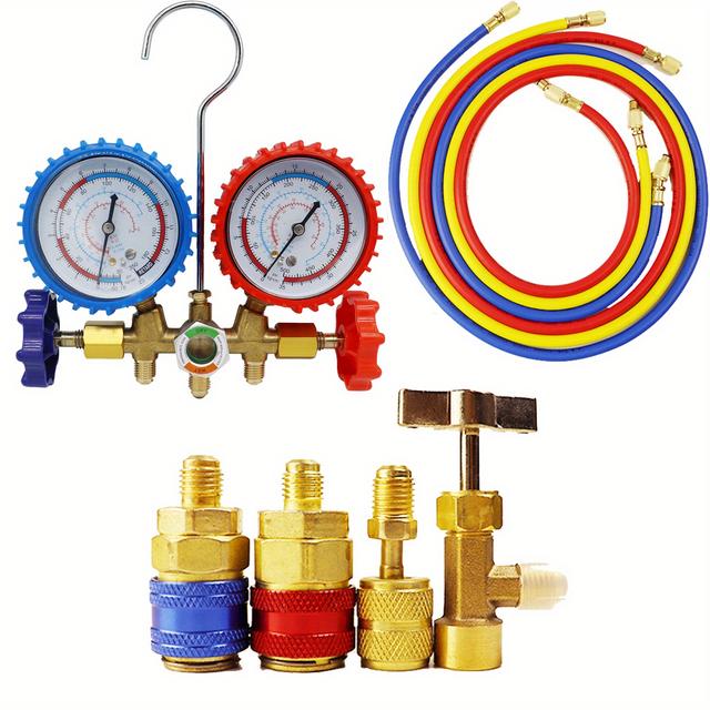 TEMU Set di Manometri a 3 Vie per Collettore AC, Strumento di e Ricarica Refrigerante HVAC per Auto e Casa R404A R134A R12 R22, Kit di Accessori per Nucleo Valvola e Accoppiatori