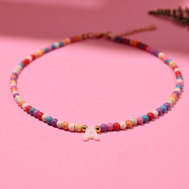 TEMU Bohemian Colorful Bead Necklace For Women With Natural Mother-of-pearl Initial Pendants Featuring All , A Stylish Jewelry Accessory