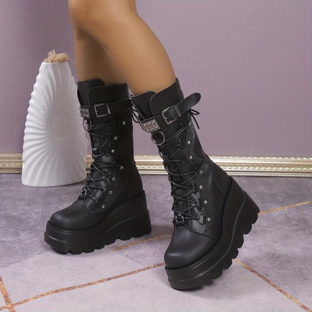 TEMU 2023 Autumn/winter New Women's Fashion Lightweight Thick-soled Mid-calf Boots With Height Increase, Back Zipper, Wedge Heel, Black Punk Style Rider Boots, Women Shoes
