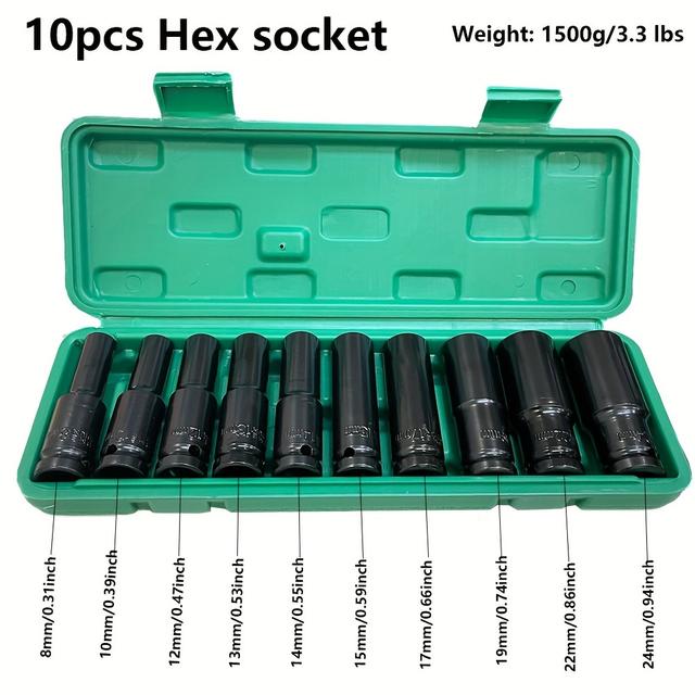 TEMU 10-piece Drive Socket Set, Chrome Vanadium Alloy Steel, 1/2 Inch Hex Socket Wrench 8-24mm, Durable And Easy To Operate, Ideal For Vehicle Maintenance And Mechanical Equipment.