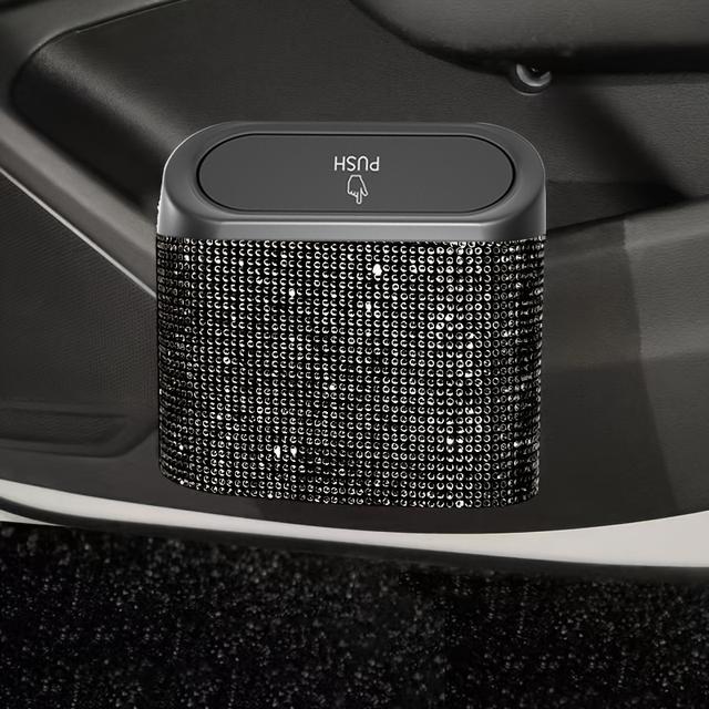 TEMU Artificial Rhinestone Inlaid Car Trash Can, Car Interior Hanging Storage Bin With Automatic Lid Trash Can Multifunctional Car Accessories