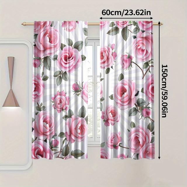 TEMU 2枚のヴィンテージ花柄プリントカーテン - ピンクの薔薇と緑の葉が白い背景に、オールでモダンなニットポリエステル、耐久性と手入れが簡単、リビン、寝室、キッチン、勉強、バスルーム、ダイニンの装飾に最適 (ロッドは含まれていません)